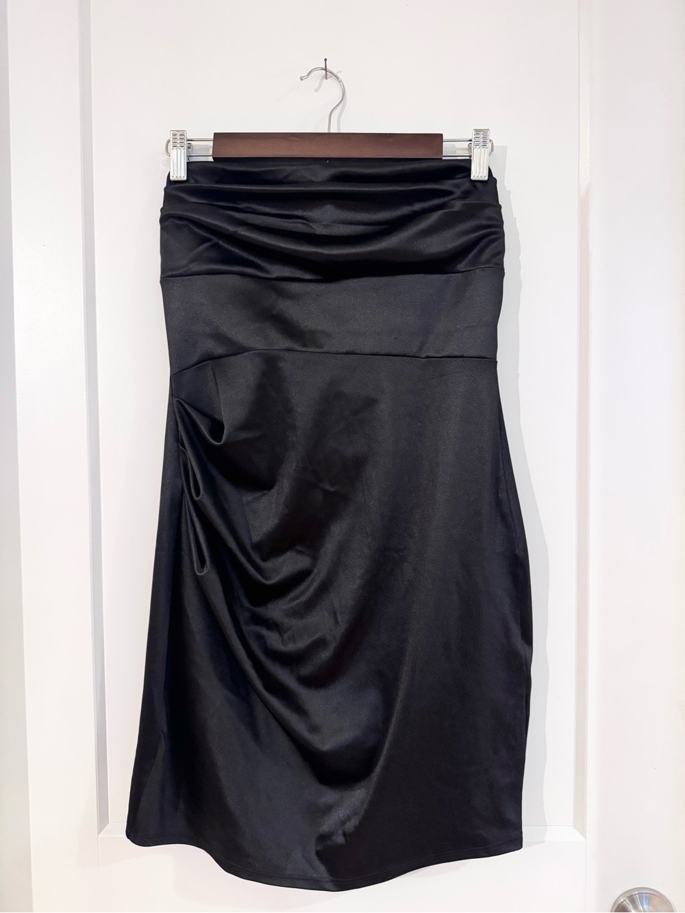 Black Windsor Satin Ruched Strapless Mini Dress